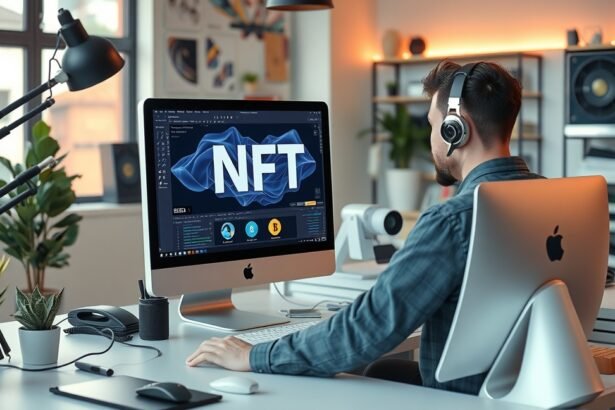 Fiatal férfi dolgozik egy számítógépen NFT tervezésén.