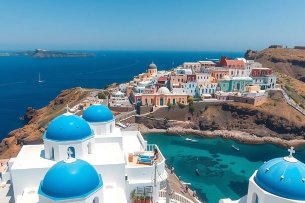 Gyönyörű kilátás Santorini hófehér házaival és kék kupoláival.