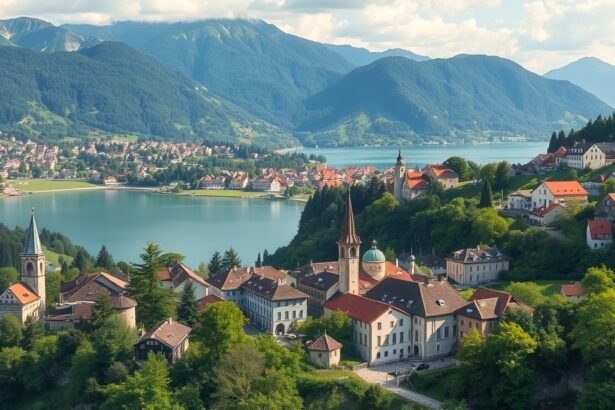 Szlovén táj hegyekkel és tóval egy festői falucskában.