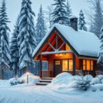 Téli erdei faház hóval borítva fák között, meghitt atmoszférában
