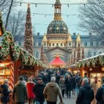 Karácsonyi vásár fényei és hangulata a téli időszakban.