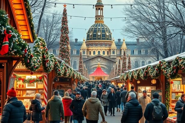 Karácsonyi vásár fényei és hangulata a téli időszakban.