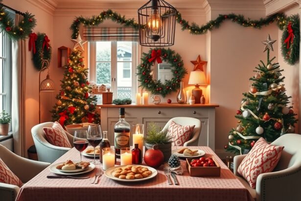 Karácsonyi buli otthon, ünnepi dekorációval és ételekkel.