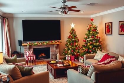 Karácsonyi filmesthez díszített otthoni nappali