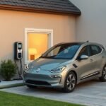 Napelemes autótöltő egy modern ház előtt