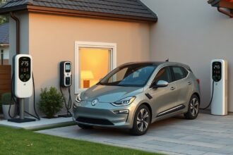 Napelemes autótöltő egy modern ház előtt