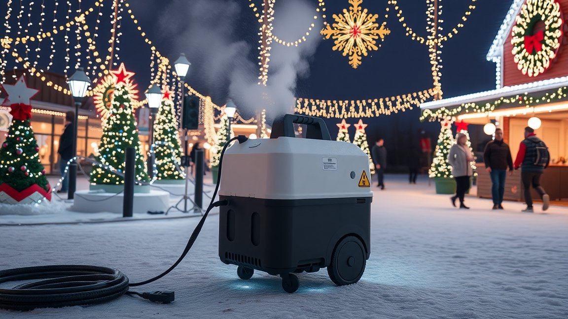 Kültéri hóágyú ünnepi fények alatt, téli hangulatban.