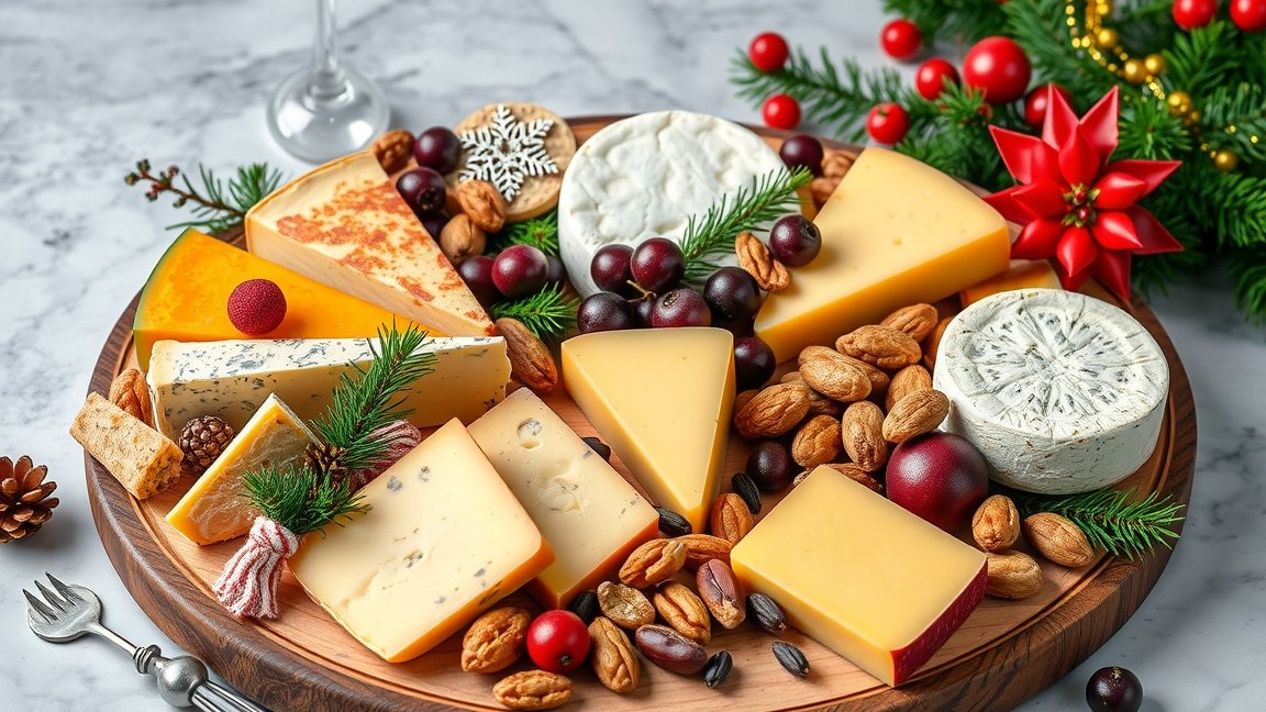 Karácsonyi sajttál diófélékkel és gyümölcsökkel.