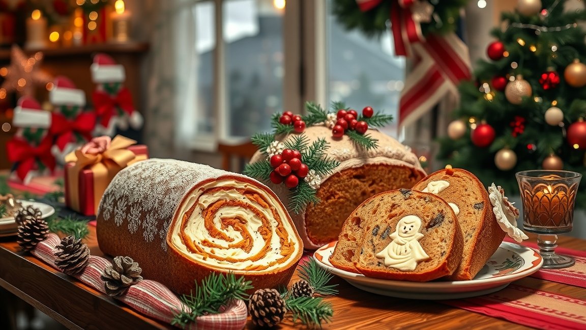 Karácsonyi stollen és panettone ünnepi díszítés mellett