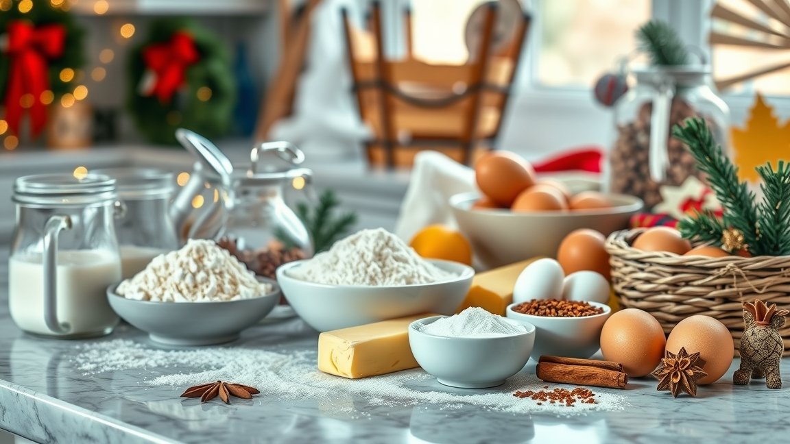 Karácsonyi süteményhez szükséges alapanyagok az ünnepi konyhában.