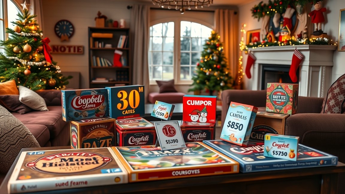 Karácsonyi társasjátékok árakkal a fenyőfa alatt