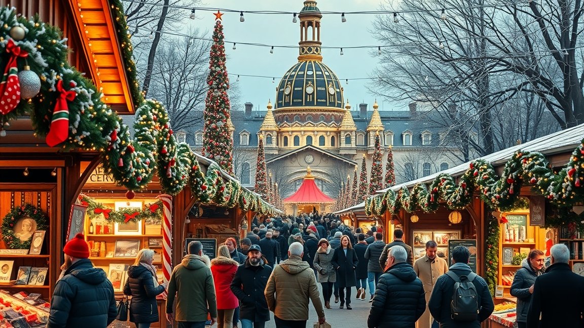Karácsonyi vásár fényei és hangulata a téli időszakban.