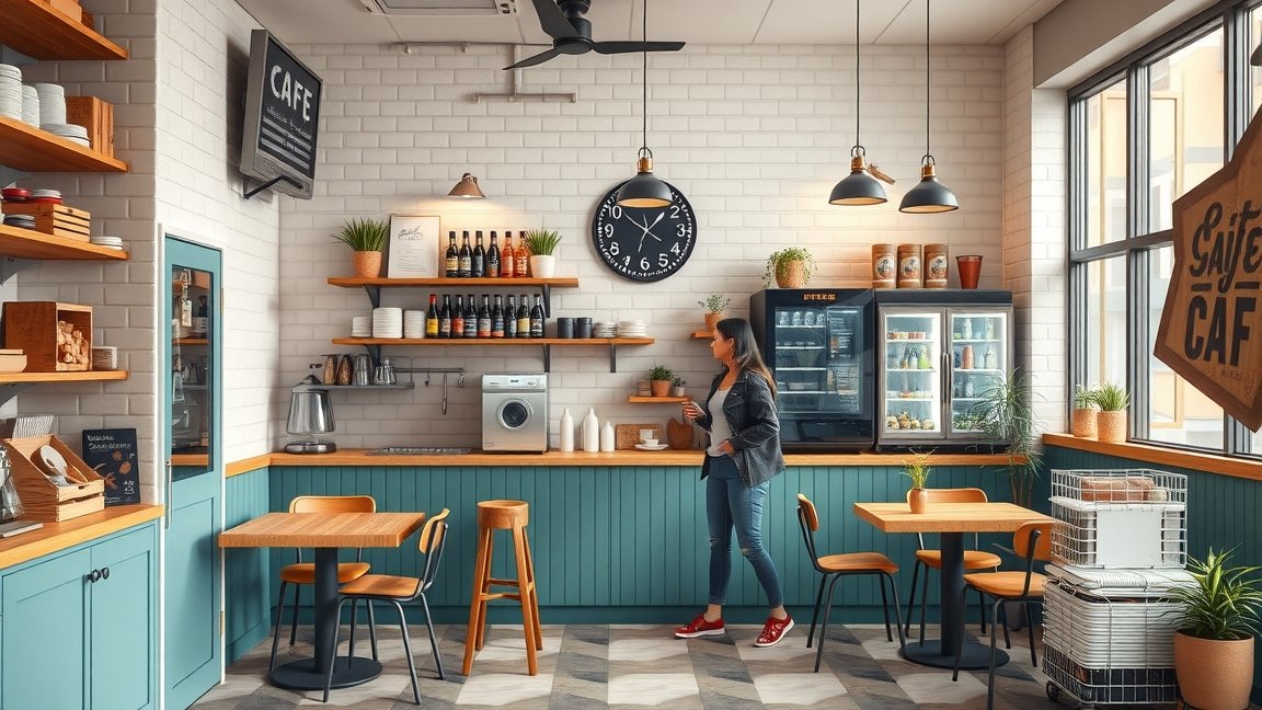 Modern kávézó belső tér, vendéggel és berendezésekkel.