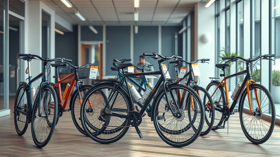 Kerékpárok kiállítva egy boltban, árjegyzékkel