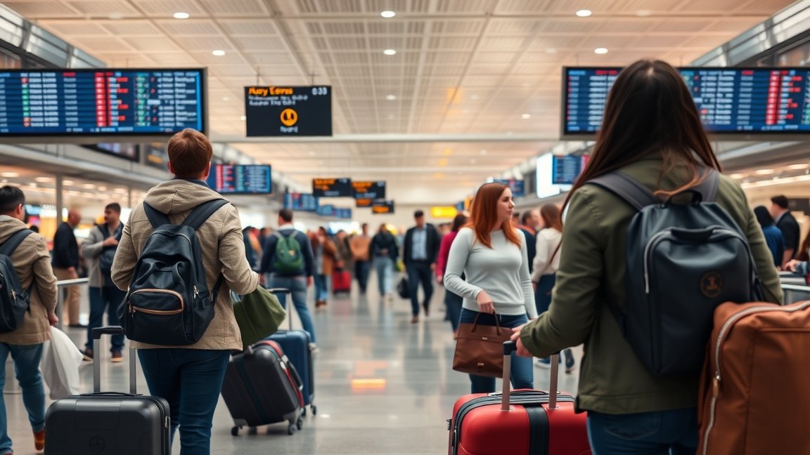 Repülőtéri forgalom utazás előtt, várakozó utasokkal