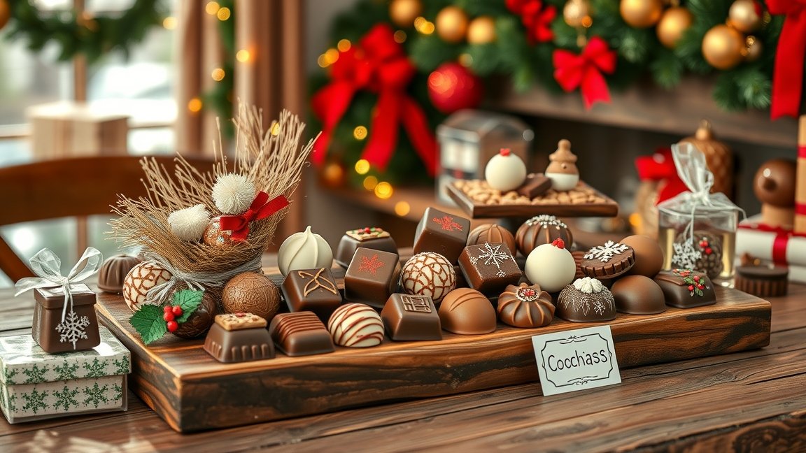 Kézműves karácsonyi csokoládék díszes tálcán, ünnepi háttérrel.