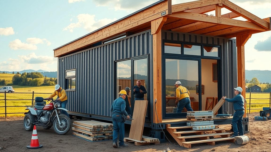 Konténerház építése, új otthon kialakítása munkásokkal.