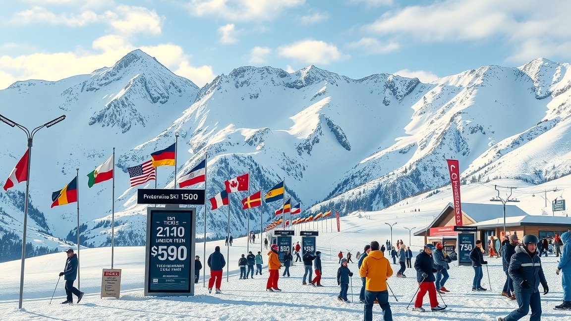 Síelők a hóval borított hegyek között, síbérletek árai kiírva.