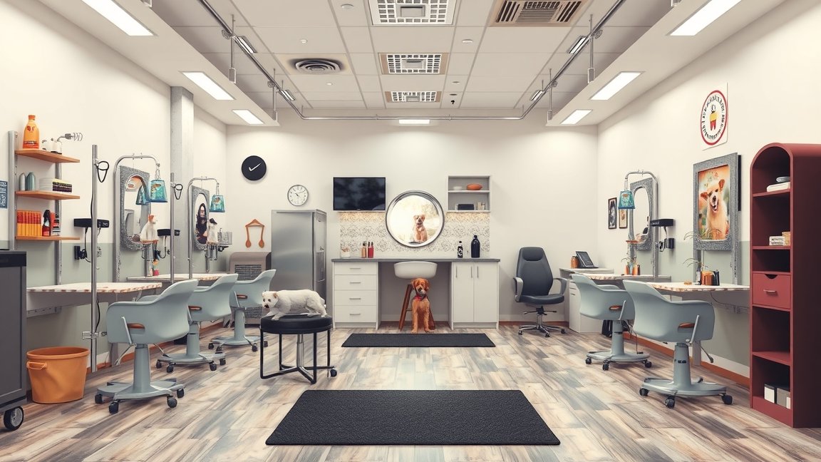 Modern kutyakozmetikai szalon belső tér, berendezéssel és kutyákkal.