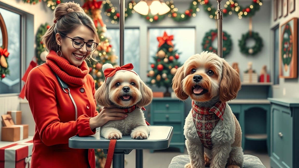Kutyaszalon karácsonyi látogatás, boldog kutyák és stylist.
