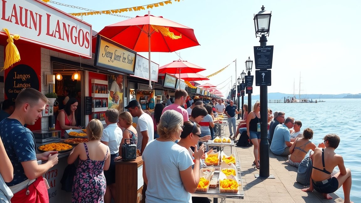 Lángos árusítás a Balaton partján, napsütéses időben