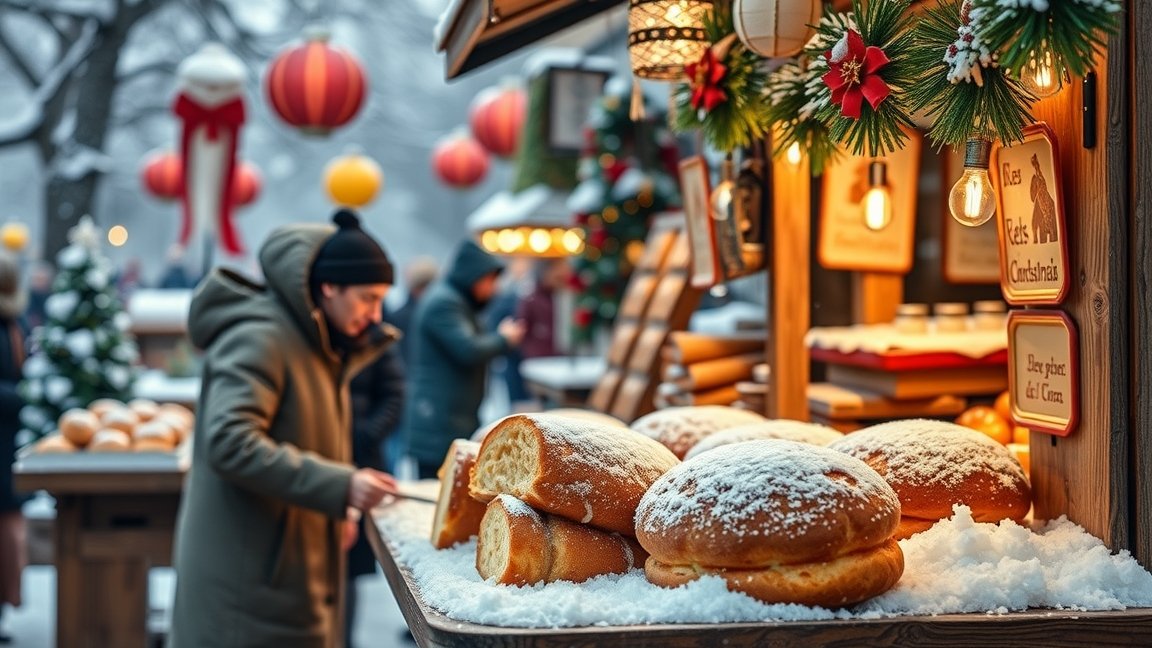 Frissen sült kürtőskalács hóval borítva téli vásáron