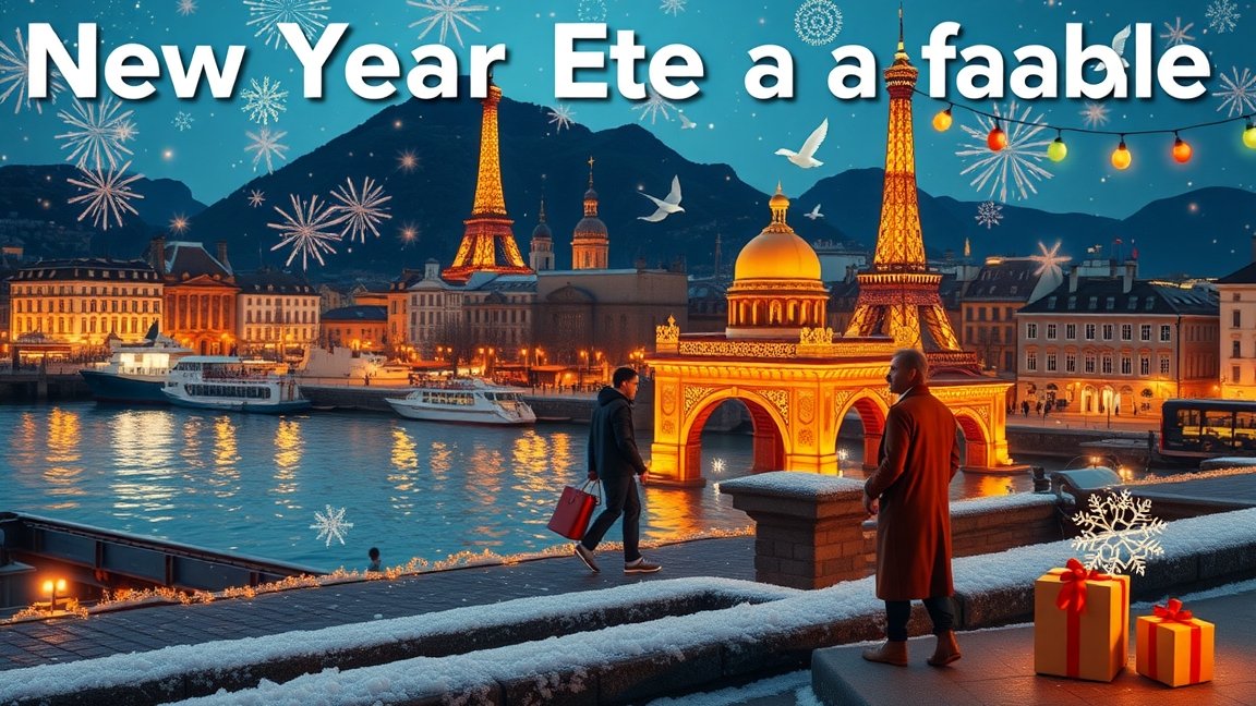 Külföldi szilveszteri utazás városképe ünnepi fényekkel és díszekkel