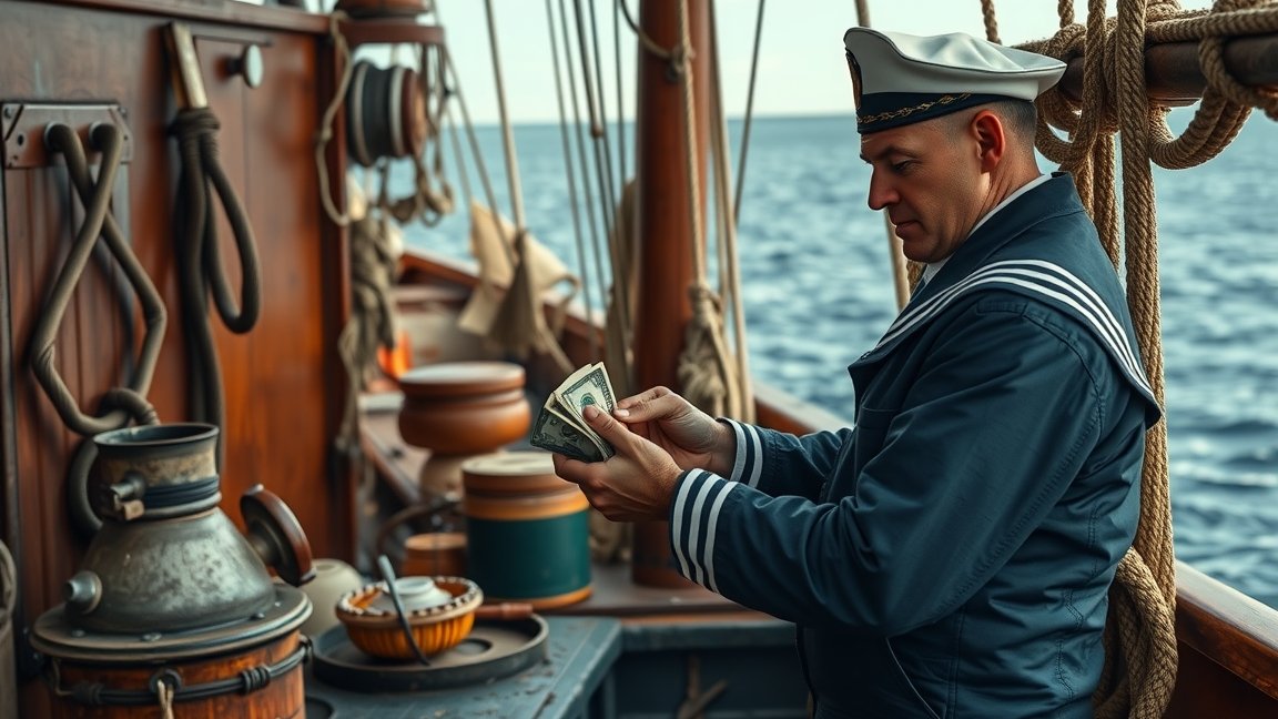 Matróz a hajón pénzt számol, tengeri munka, bér és fizetés