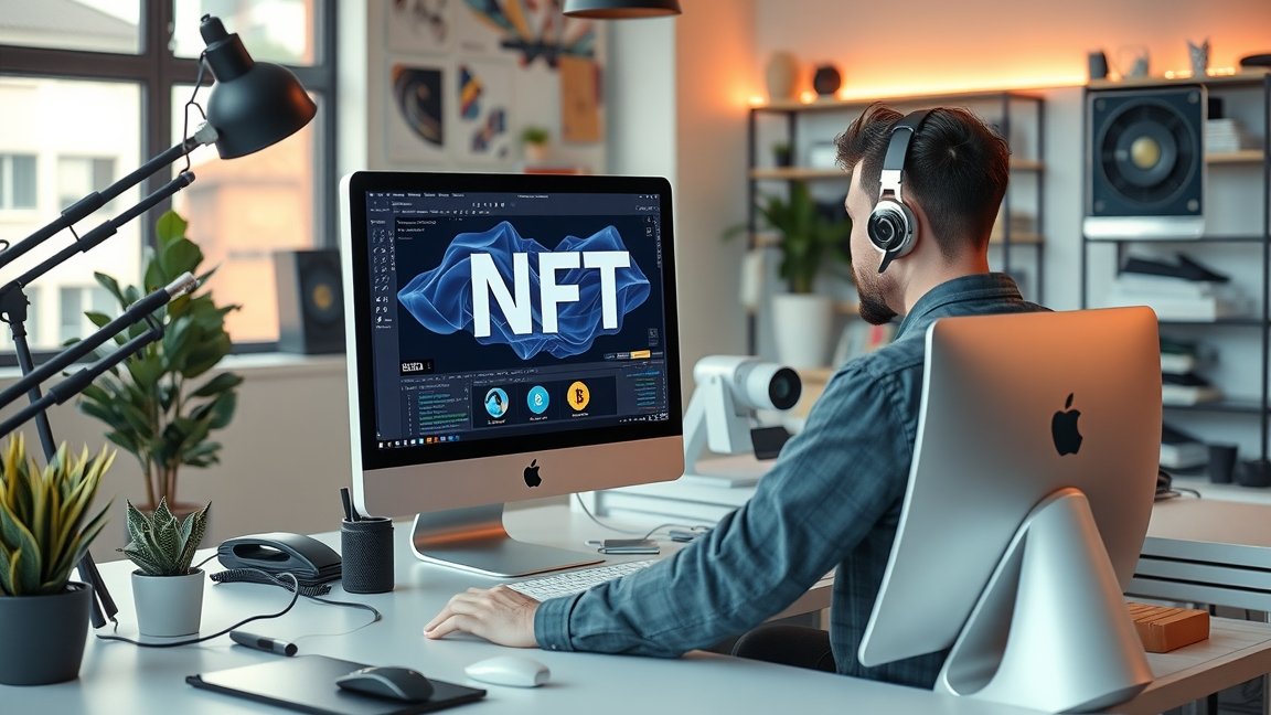 Fiatal férfi dolgozik egy számítógépen NFT tervezésén.