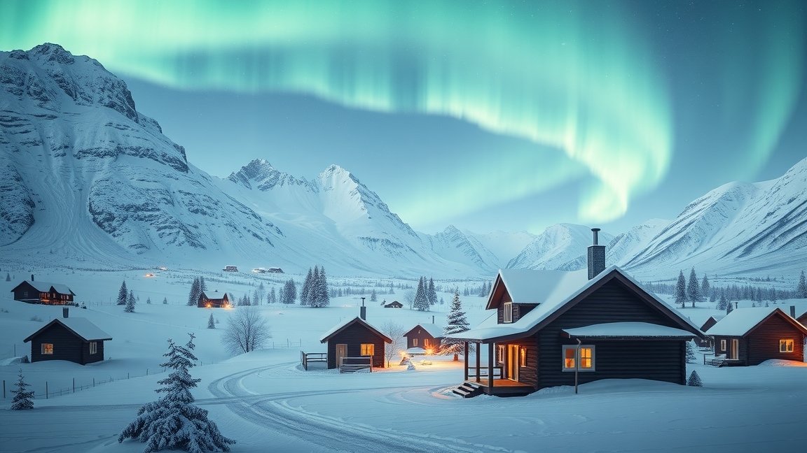 Északi fény és havas táj Norvégiában télen