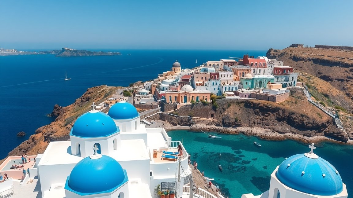Gyönyörű kilátás Santorini hófehér házaival és kék kupoláival.