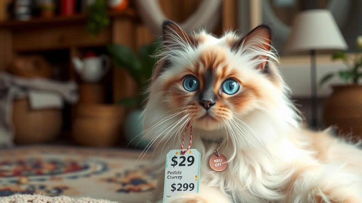 Ragdoll macska árcédulával, otthoni környezetben