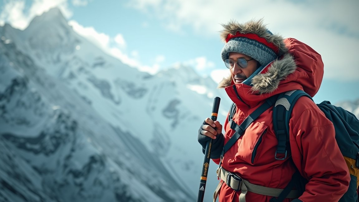 Hegyi túrázó serpa piros kabátban, hegyek között