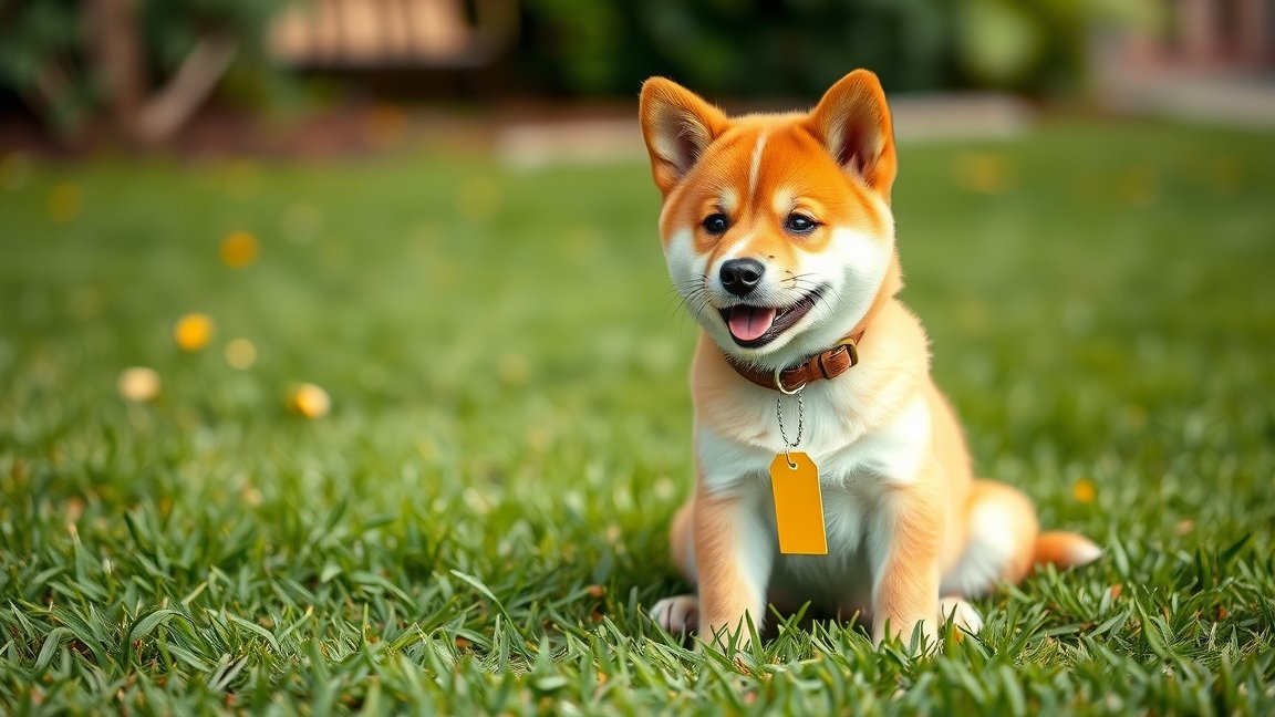 Shiba Inu kutya ül a fűben, címkével a nyakában