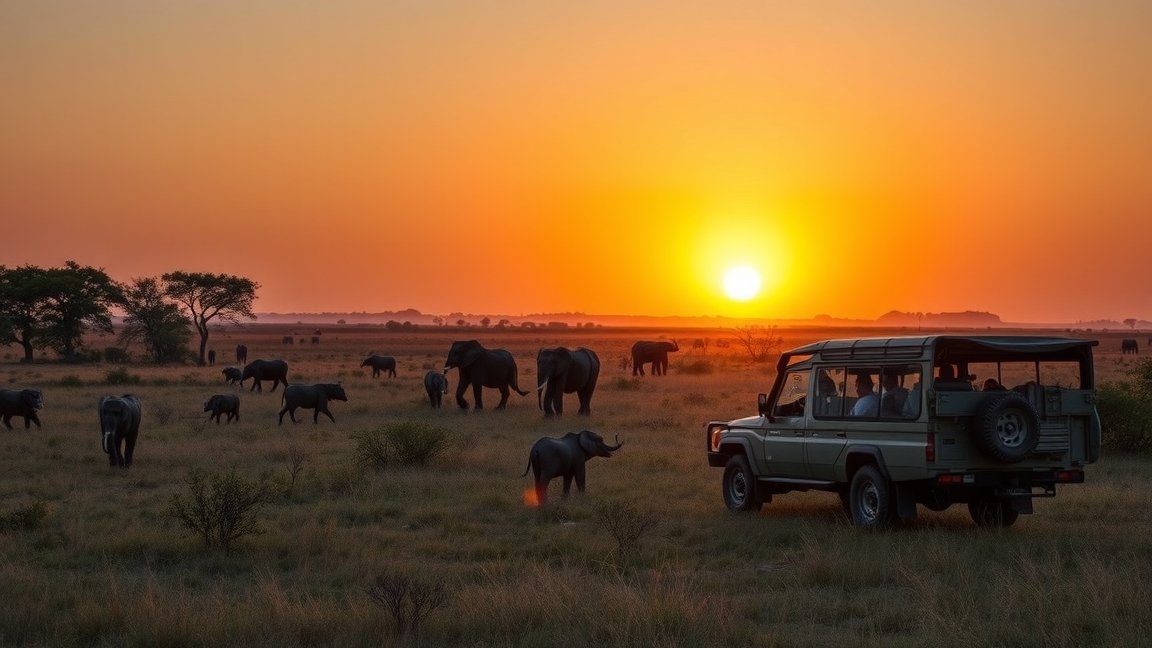 Dél-afrikai szafari naplemente, elefántokkal és terepjáróval.