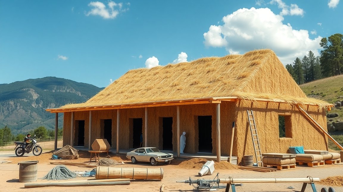 Szalmabála ház építése természetes környezetben.