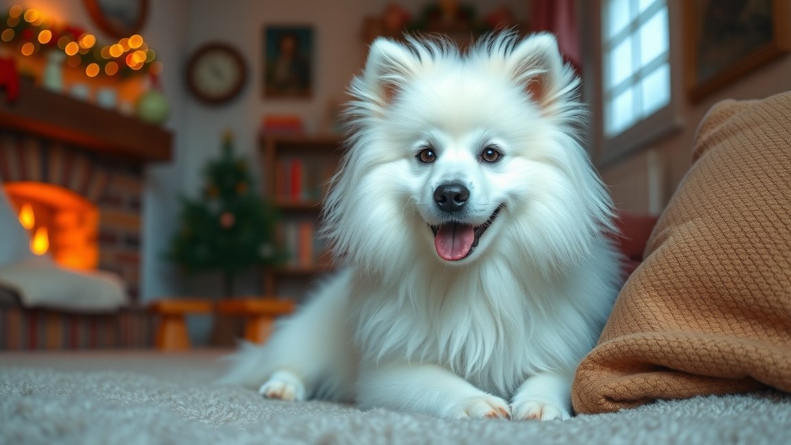 Boldog szamojéd kutya pihen egy barátságos környezetben