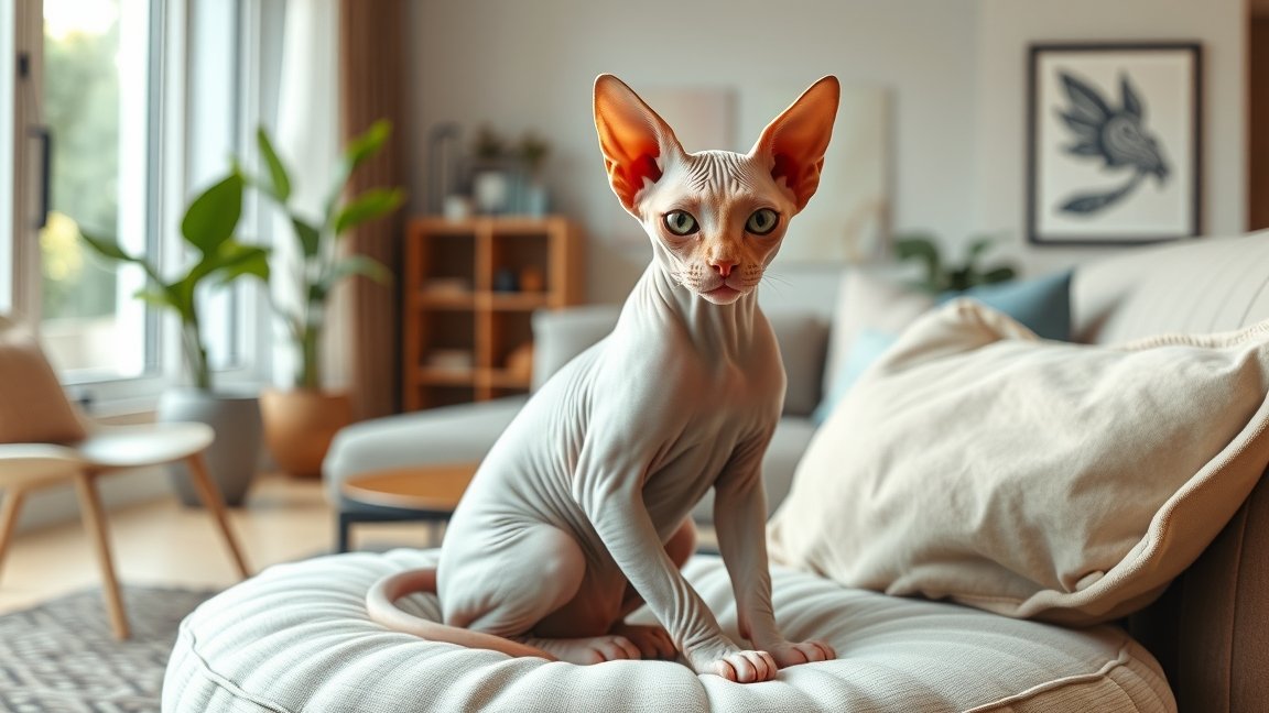 Szfinx macska ül egy kényelmes kanapén.