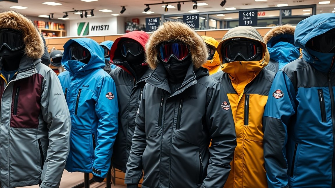 Síeléshez készült különböző színű síkabátok boltban