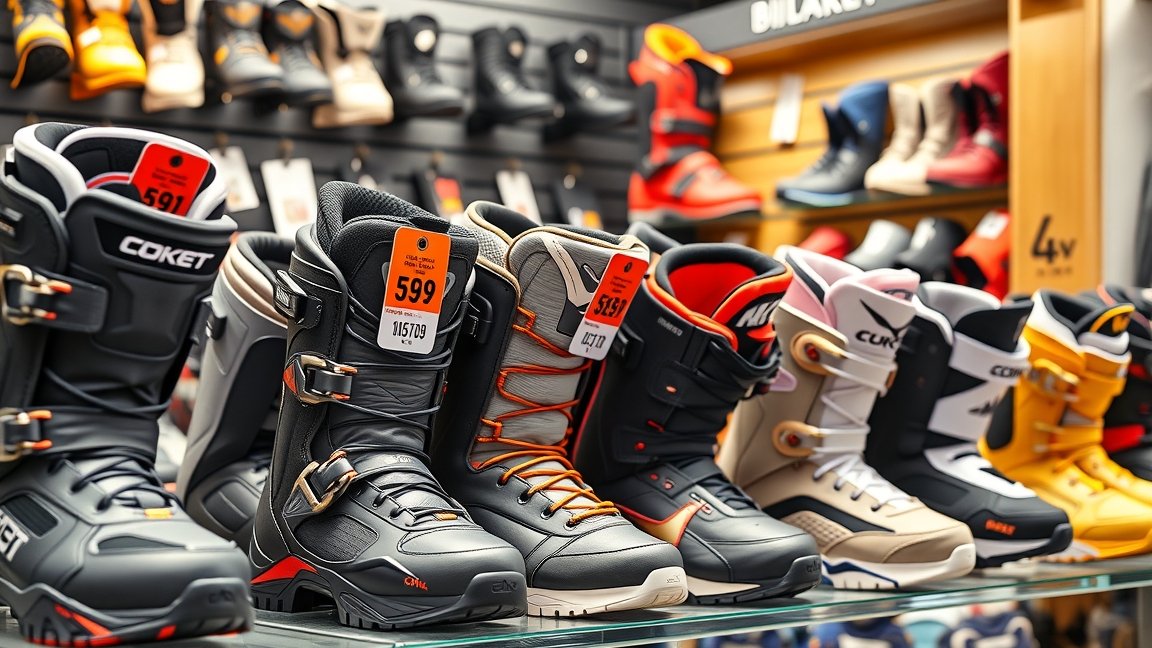 Különböző snowboard bakancsok sportboltban árakkal