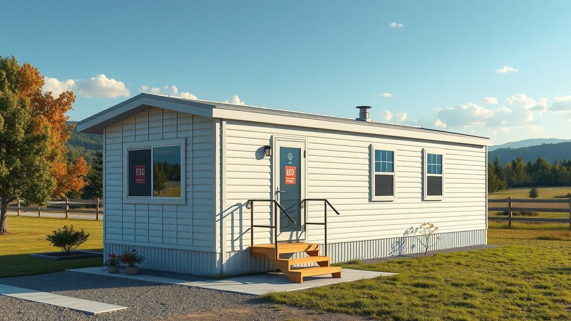 Modern mobilház napfényben, zöld környezetben