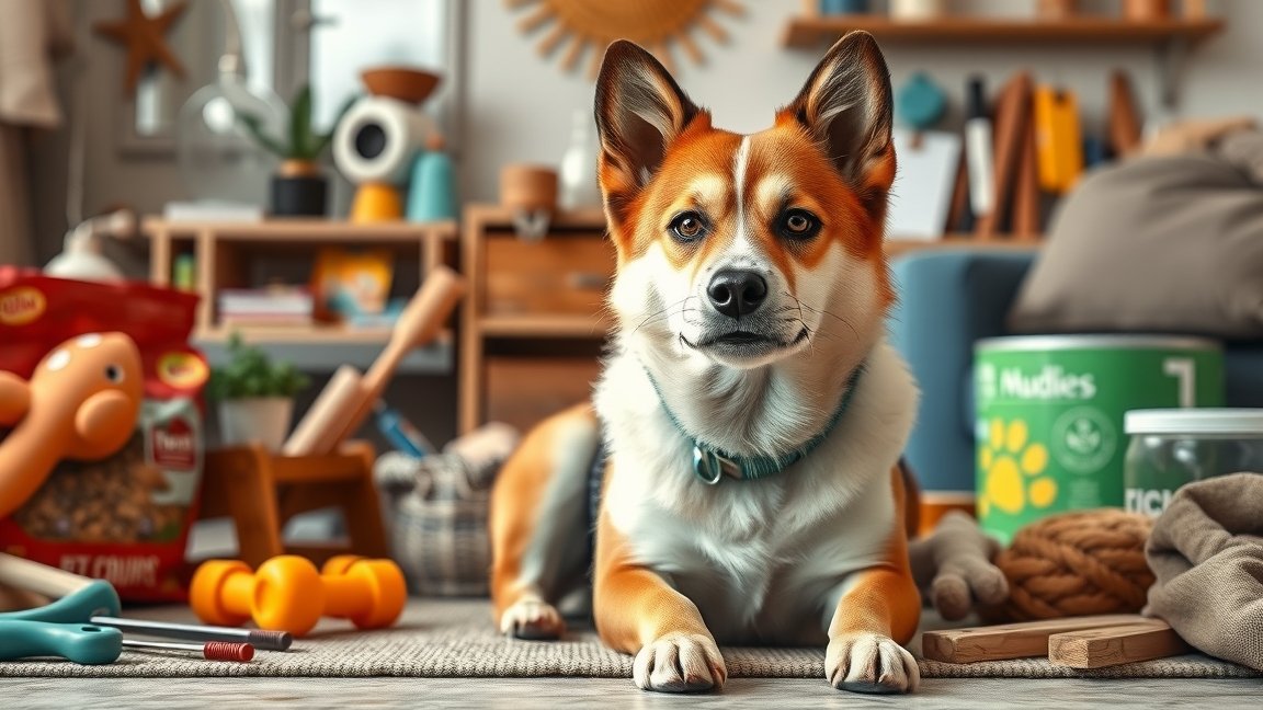 Mudi kutya otthoni kiegészítőkkel és játékokkal