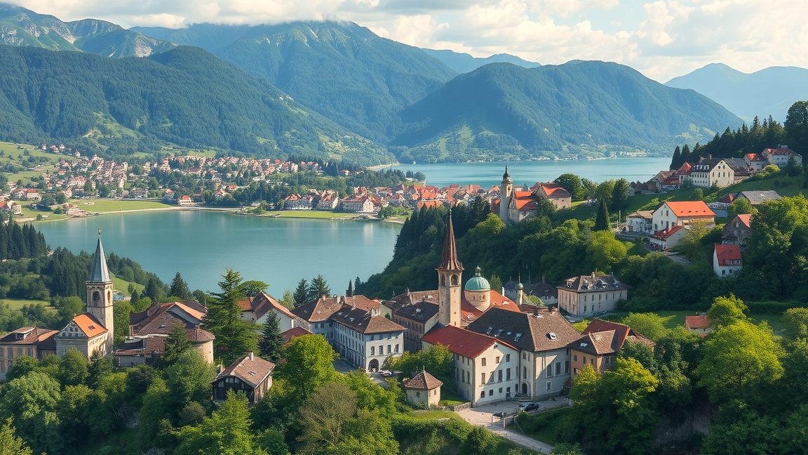 Szlovén táj hegyekkel és tóval egy festői falucskában.