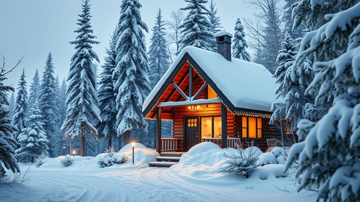 Téli erdei faház hóval borítva fák között, meghitt atmoszférában