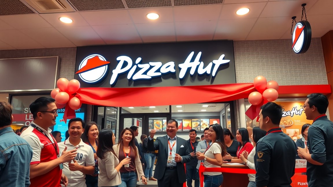 Pizza Hut franchise megnyitó ünnepség balonokkal és vendégekkel