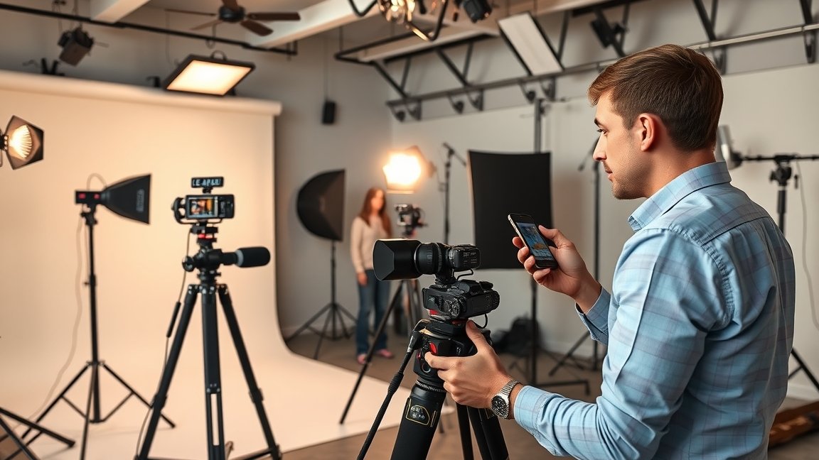 Fotós egy stúdióban a portfóliófotózás előkészületeinél.