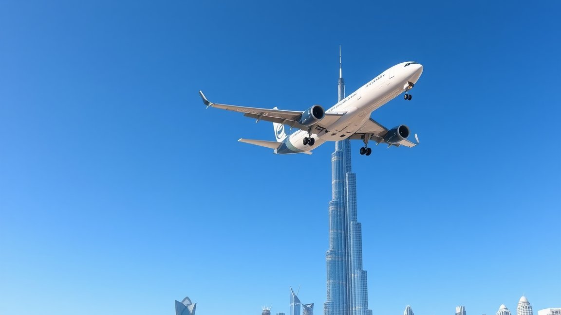 Repülőgép a Burj Khalifa közelében Dubajban