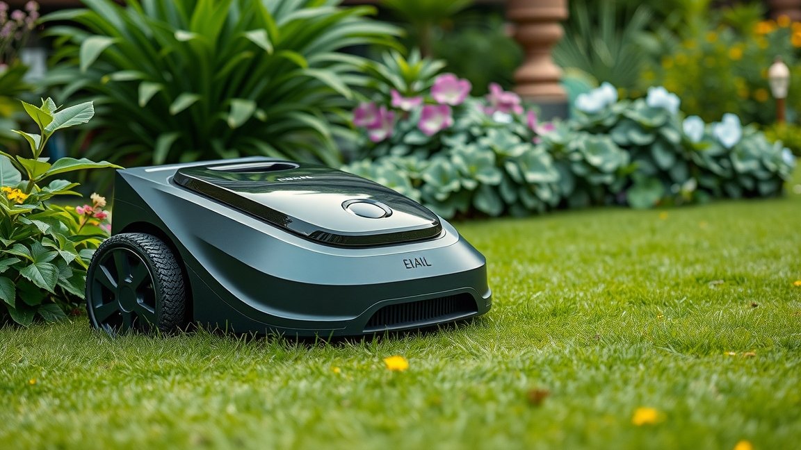 Robotfűnyíró a virágos kertben, zöld fűvel.