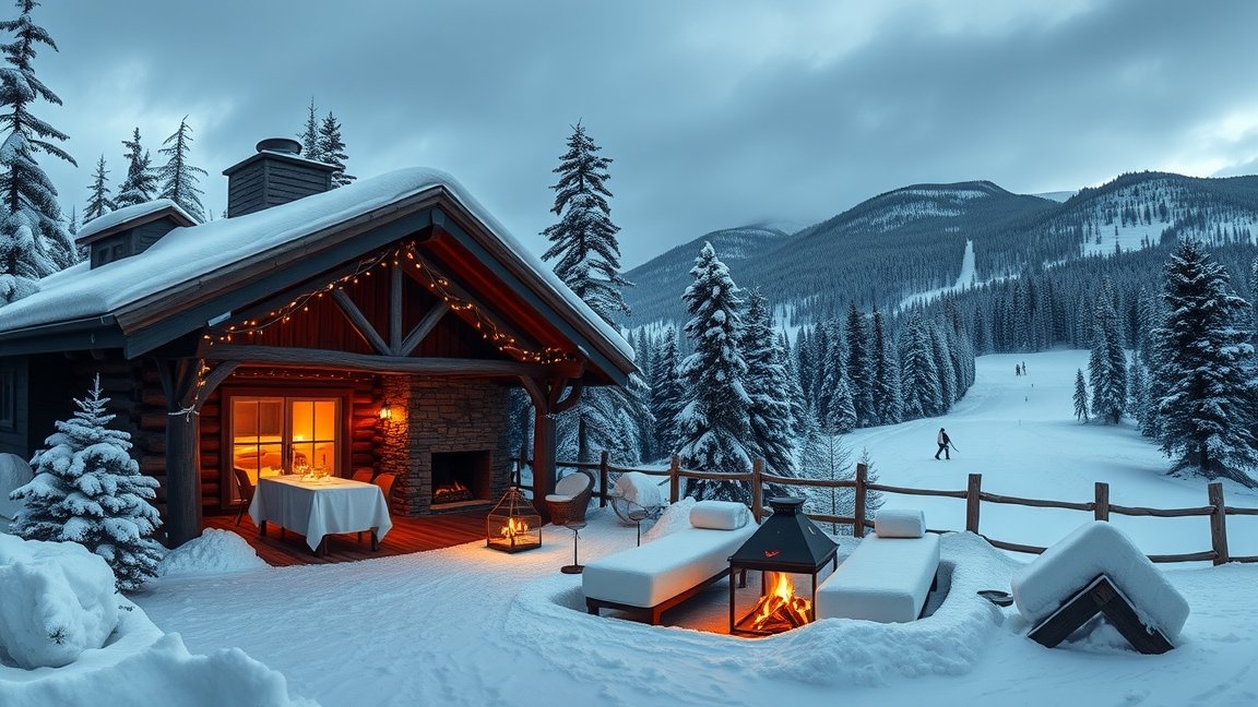Romantikus téli hétvége a hegyekben, hóval borított faház és sípálya