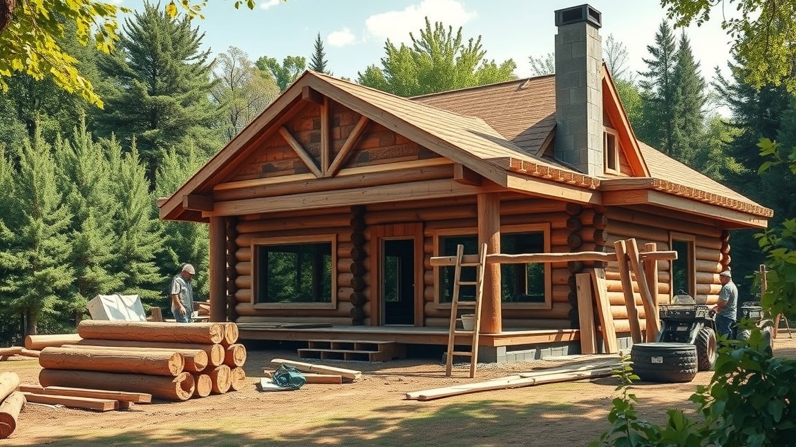 Rönkház építése folyamatban, fák között álló építkezés